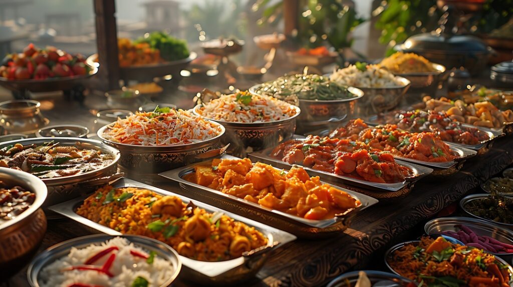 Assorted Indian dishes served in a traditional setting with a warm sunset ambiance, perfect for culinary themes and restaurant promotions.